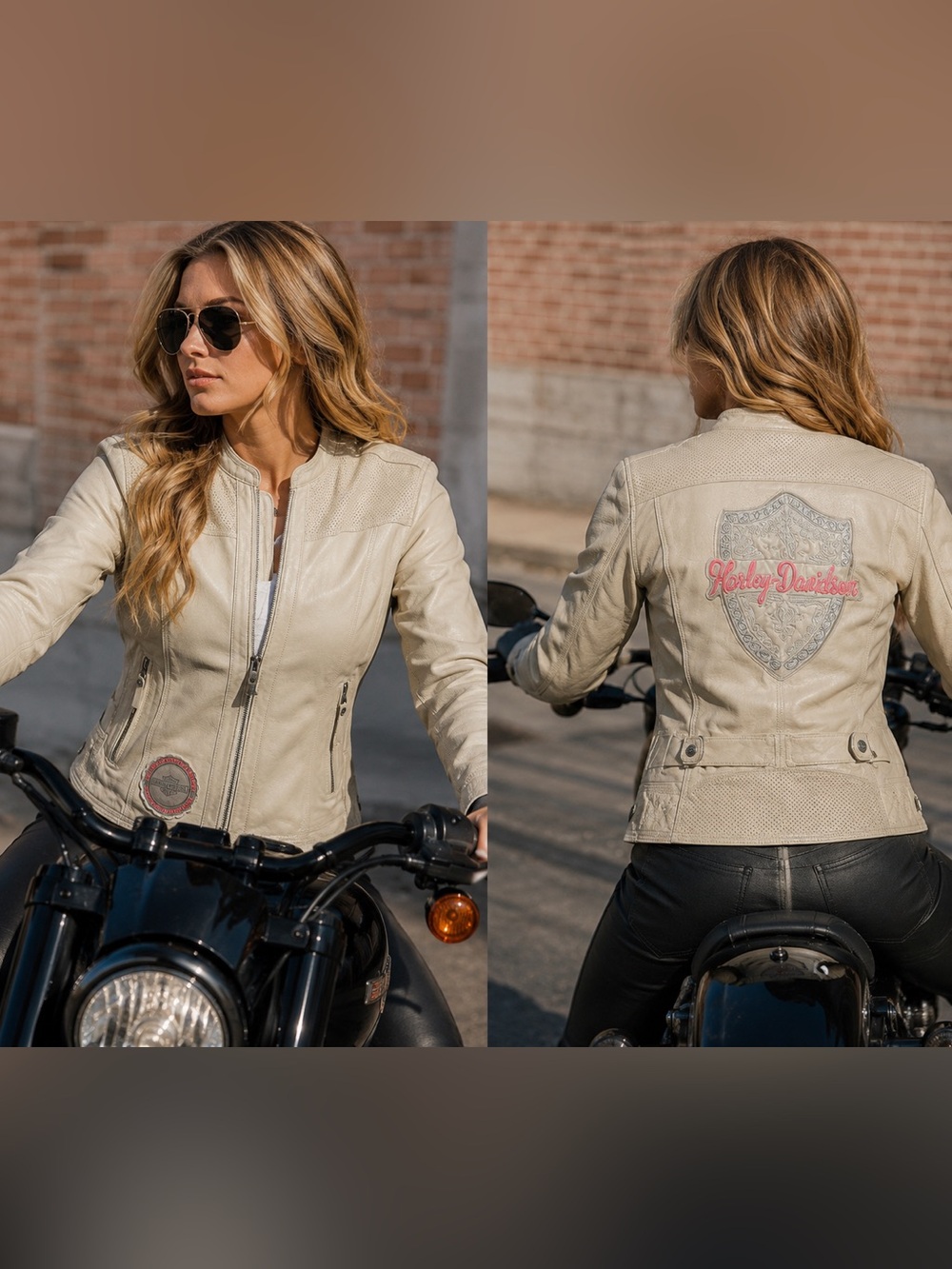 Harley-Davidson Women's Cream Leather Moto Jacket with Embroidered Shield Size L